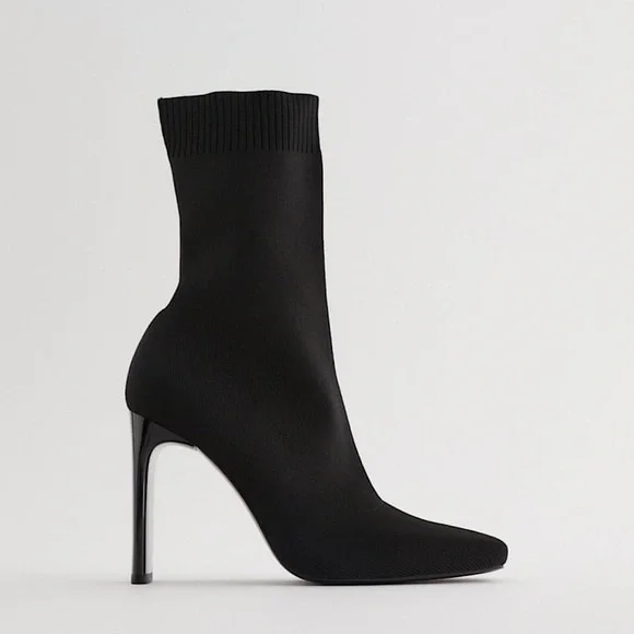 Zara Trafaluc Black Stretchy Sock Mesh Pointed Toe Ankle Boot Stiletto Heels - Picture 6 of 16